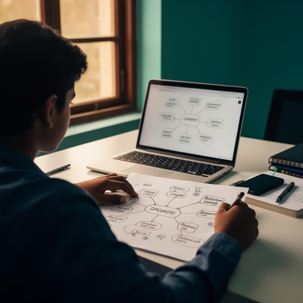 An Indian student studying with a laptop and concept map